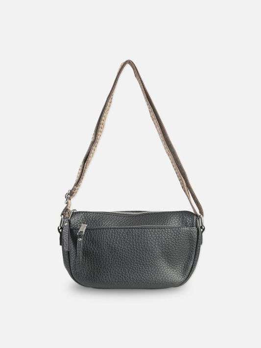 Classic Black Textured Shoulder Bag with Zip Closure