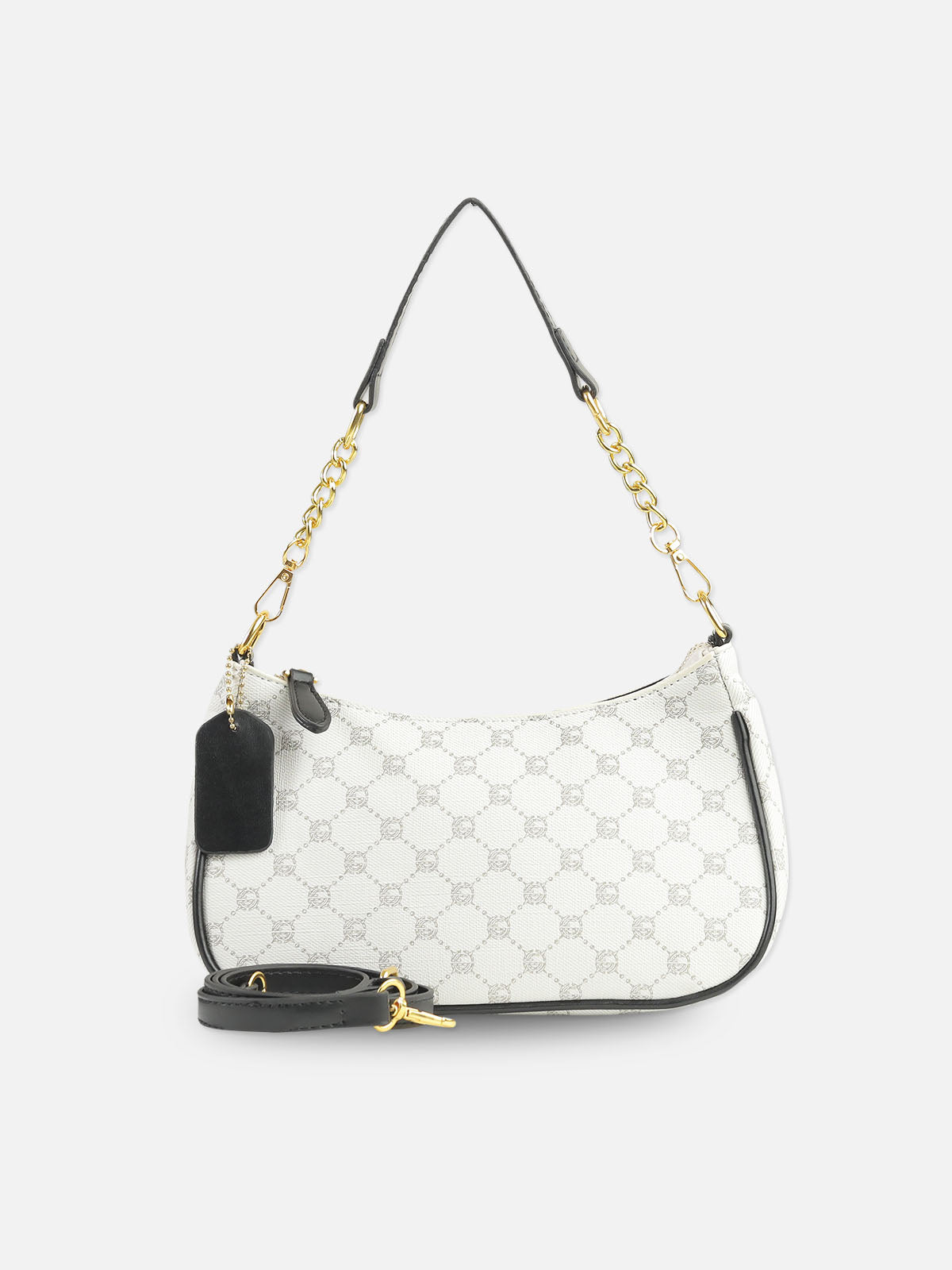 Elegant White Monogram Shoulder Bag with Gold Chain Detail