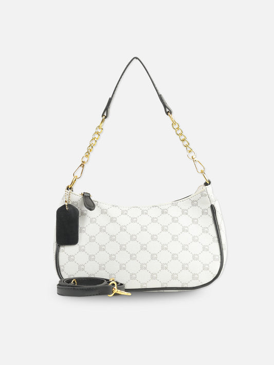 Elegant White Monogram Shoulder Bag with Gold Chain Detail