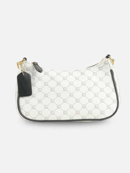 Elegant White Monogram Shoulder Bag with Gold Chain Detail