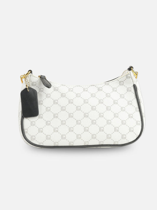 Elegant White Monogram Shoulder Bag with Gold Chain Detail