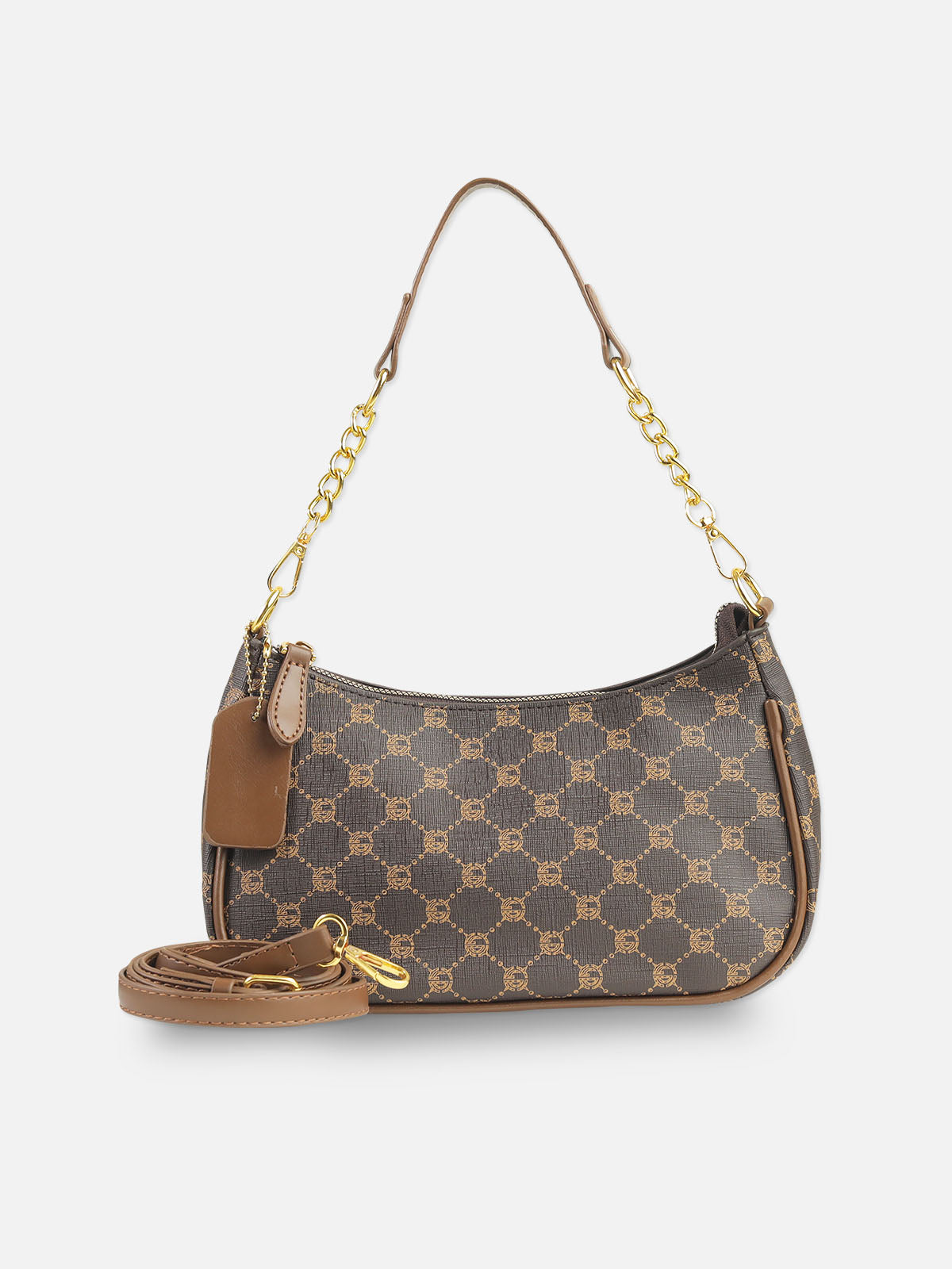 Classic Brown Monogram Shoulder Bag with Gold Chain Detail