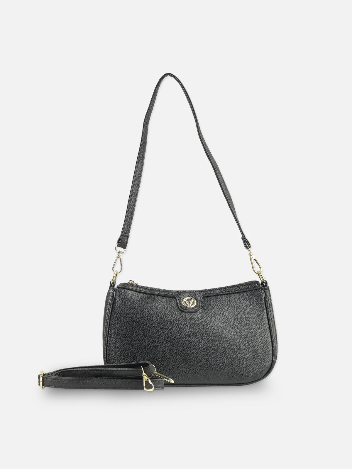 Classic Black Textured Faux Leather Shoulder Bag