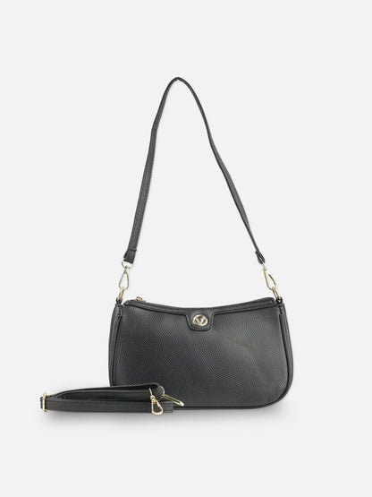 Classic Black Textured Faux Leather Shoulder Bag