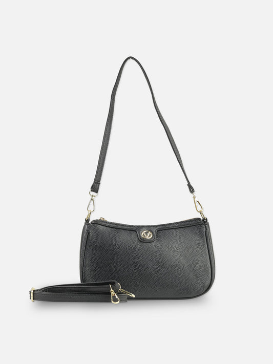 Classic Black Textured Faux Leather Shoulder Bag