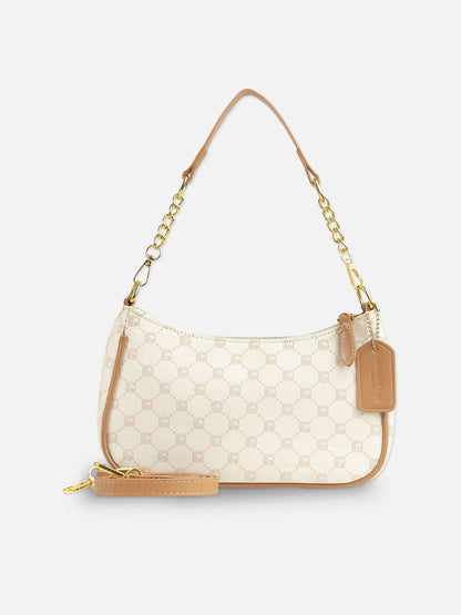 Beige Monogram Shoulder Bag with Gold Chain Accent