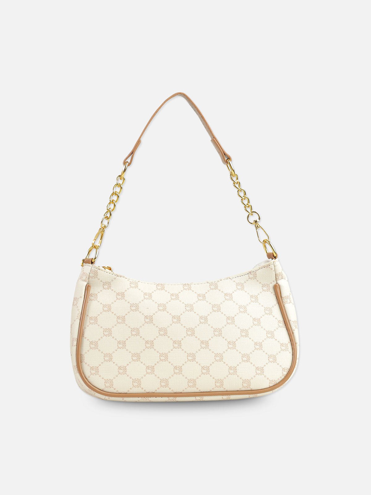 Beige Monogram Shoulder Bag with Gold Chain Accent