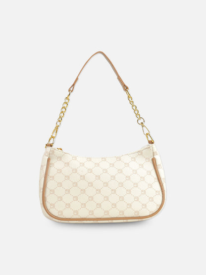 Beige Monogram Shoulder Bag with Gold Chain Accent