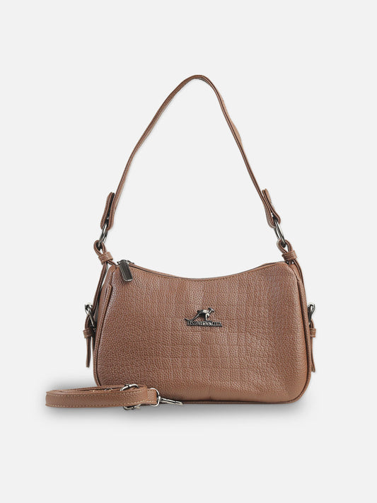 Brown Textured Faux Leather Shoulder Bag