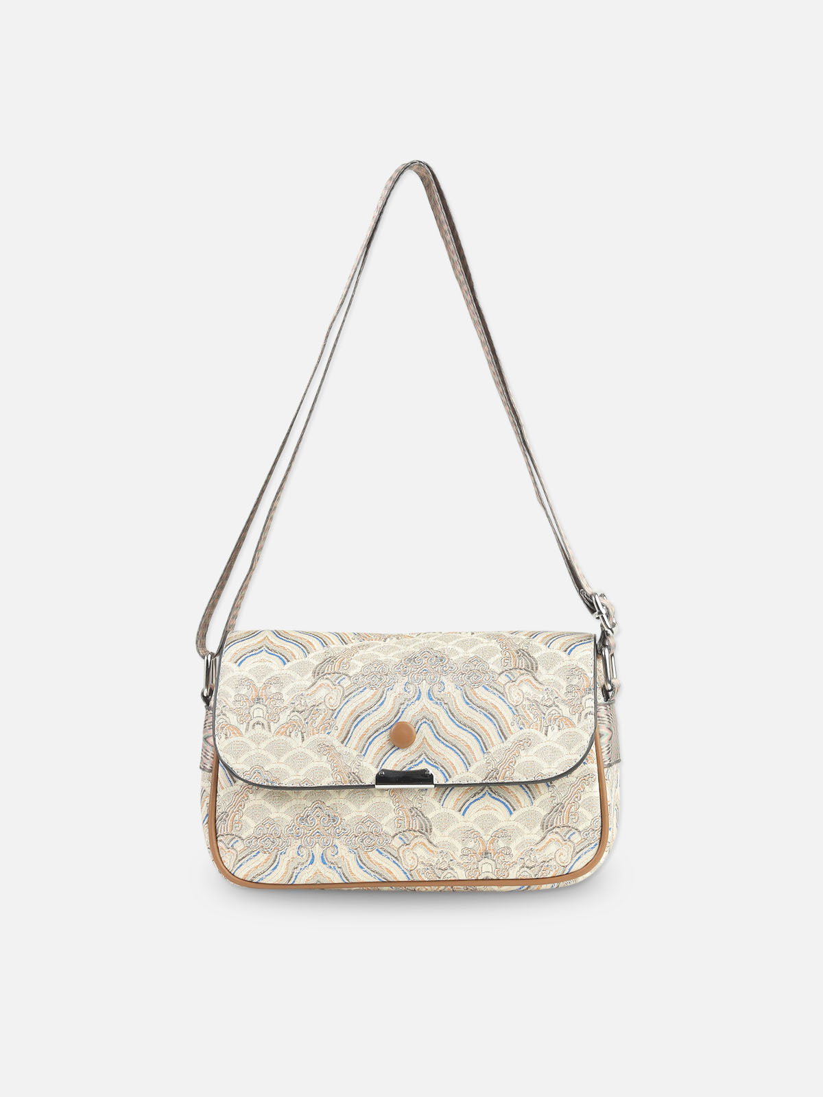 Beige & Blue Patterned Crossbody Bag with Leather Trim