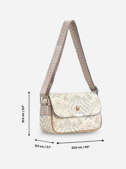 Beige & Blue Patterned Crossbody Bag with Leather Trim