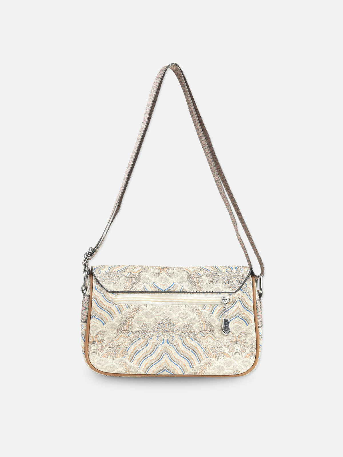 Beige & Blue Patterned Crossbody Bag with Leather Trim