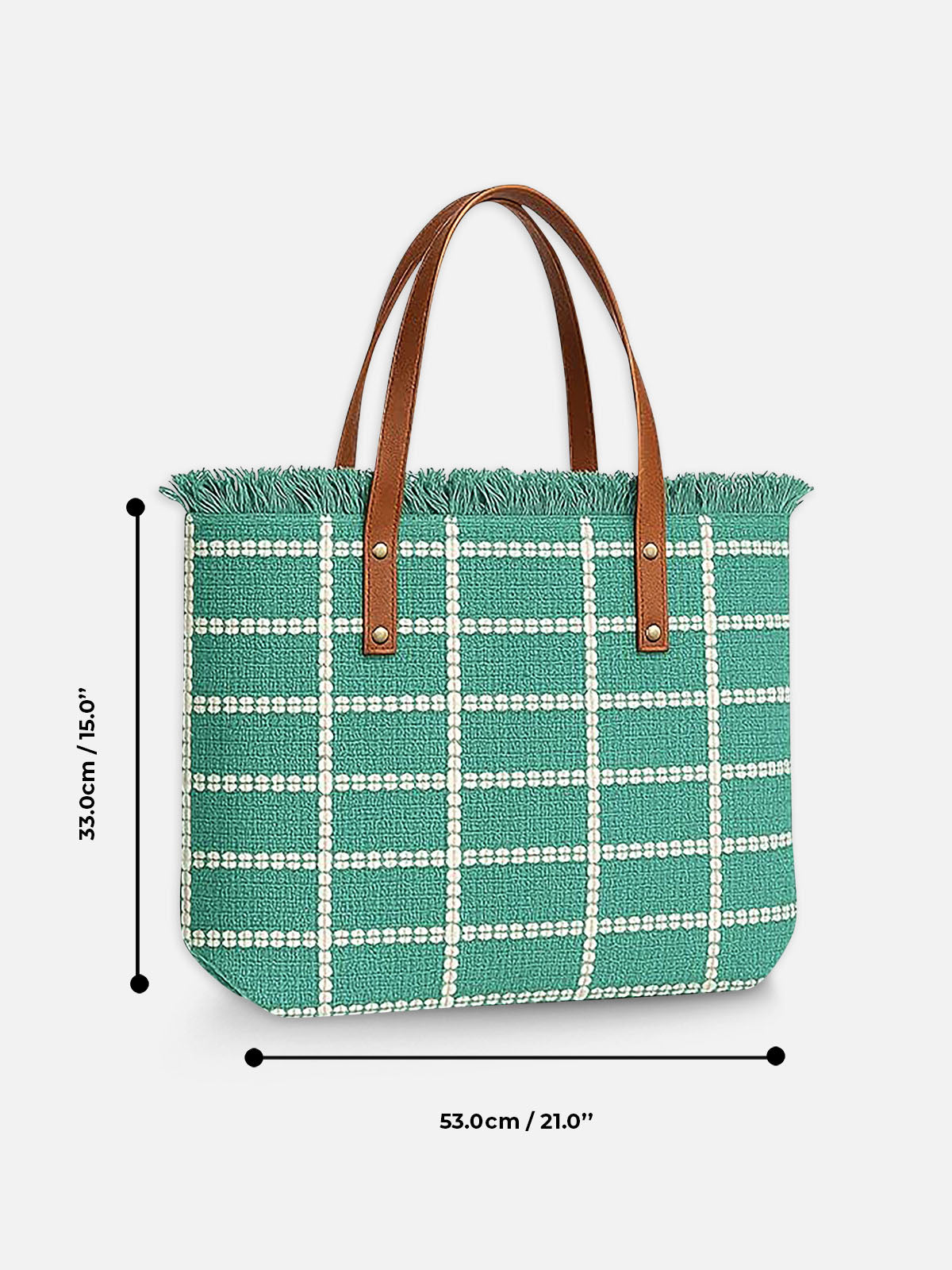 White Grid Tote Bag - Handbag with Brown Handles