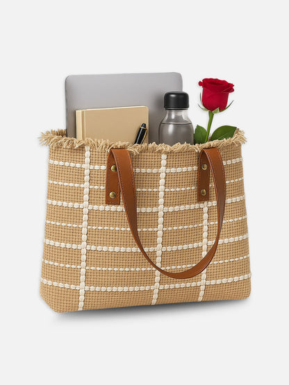 Beige Grid Tote Bag - Natural  Handbag with Brown Handles