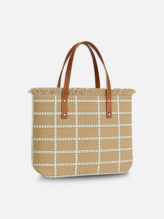 Beige Grid Tote Bag - Natural  Handbag with Brown Handles