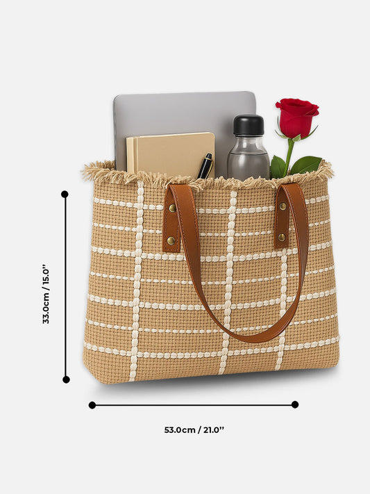 Beige Grid Tote Bag - Natural  Handbag with Brown Handles