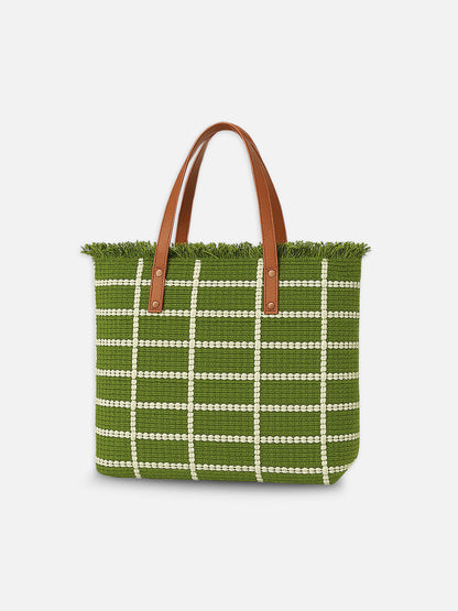 White Grid Tote Bag - Handbag with Brown Handles