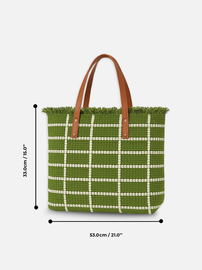 White Grid Tote Bag - Handbag with Brown Handles