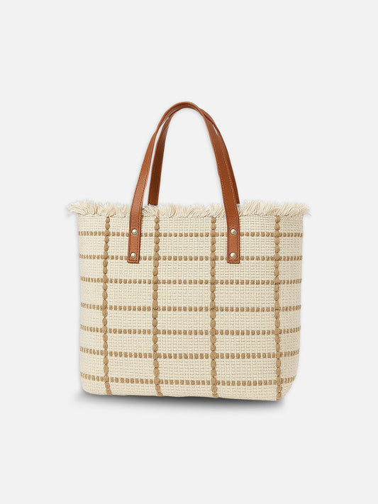 Brown Grid Tote Bag -  Handbag with Brown Handles