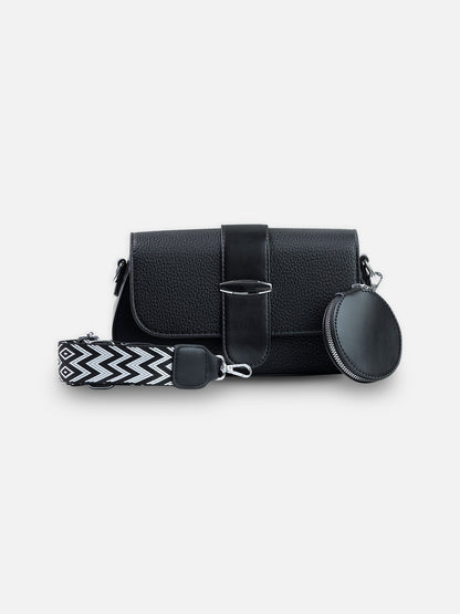 Textured Black Crossbody Bag with Coin Pouch & Chevron Strap