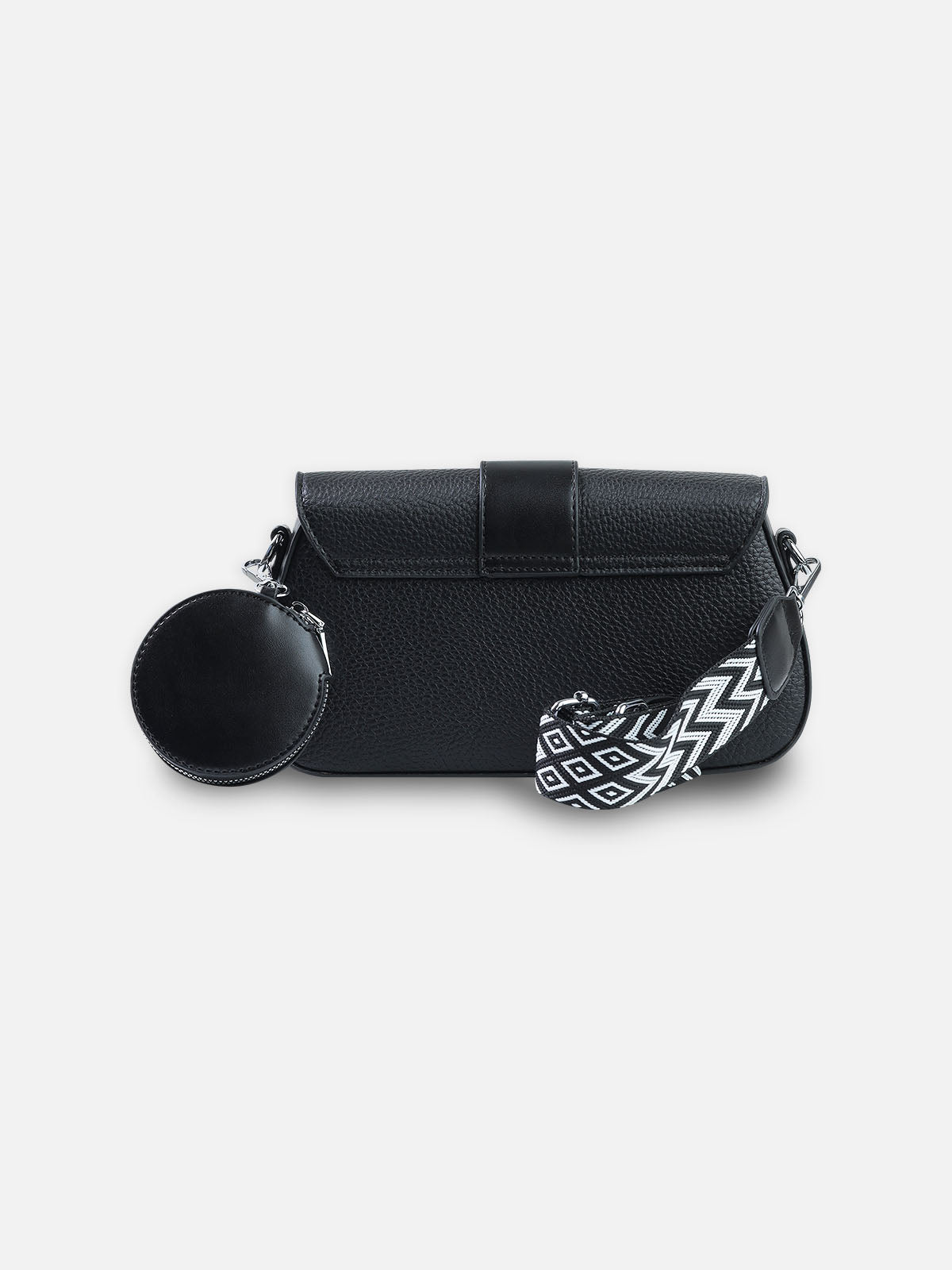 Textured Black Crossbody Bag with Coin Pouch & Chevron Strap