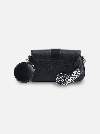 Textured Black Crossbody Bag with Coin Pouch & Chevron Strap