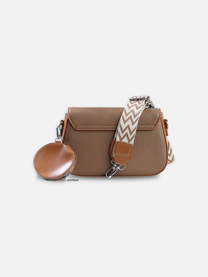 Brown Square-Lock Crossbody Bag with Coin Pouch & Pattern Strap