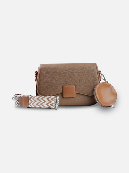 Brown Square-Lock Crossbody Bag with Coin Pouch & Pattern Strap