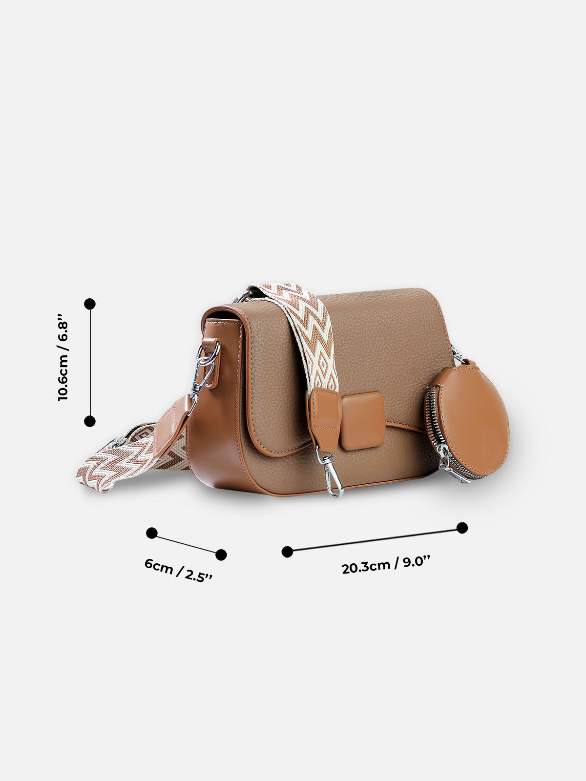 Brown Square-Lock Crossbody Bag with Coin Pouch & Pattern Strap