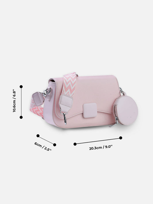 Blush Pink Square-Lock Crossbody Bag with Coin Pouch & Pattern Strap