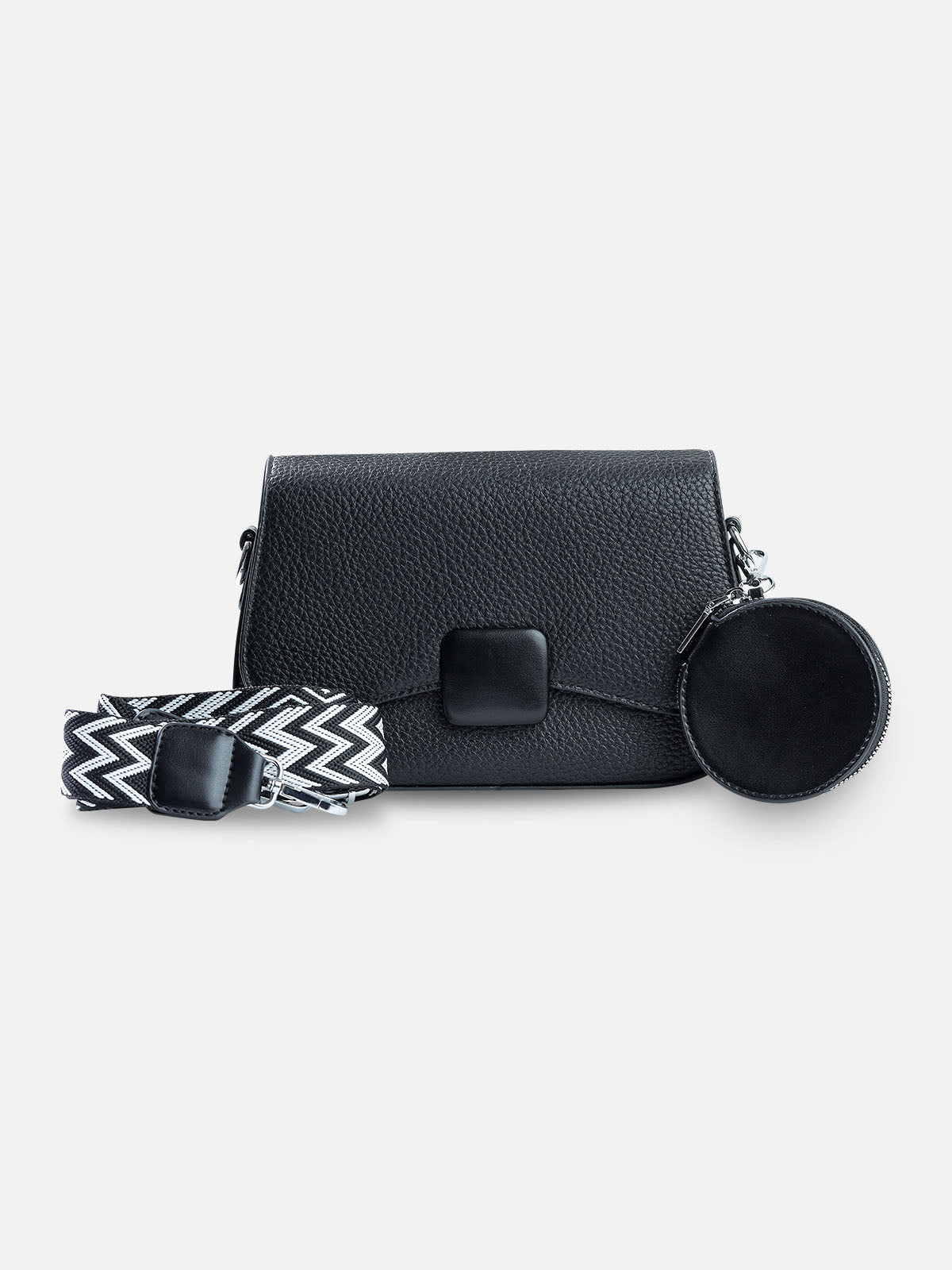 Midnight Black Square-Lock Crossbody Bag with Chevron Strap & Coin Pouch