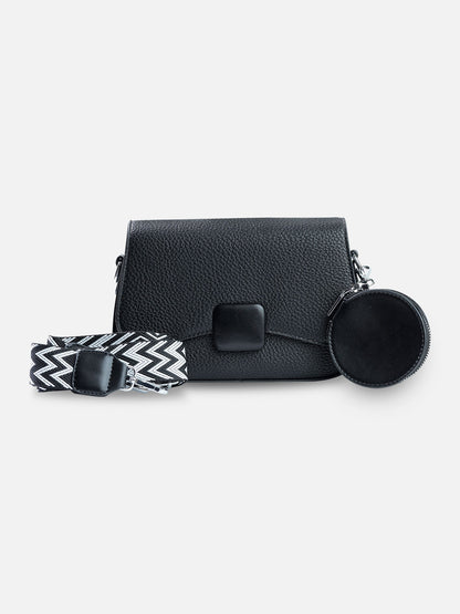 Midnight Black Square-Lock Crossbody Bag with Chevron Strap & Coin Pouch