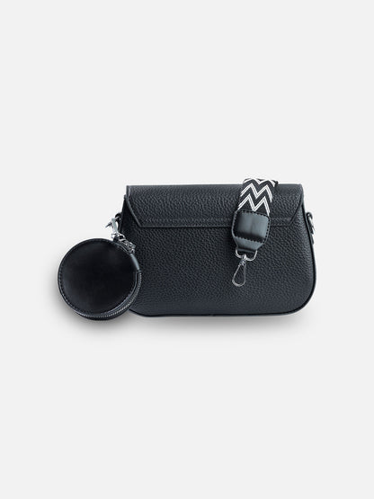 Midnight Black Square-Lock Crossbody Bag with Chevron Strap & Coin Pouch