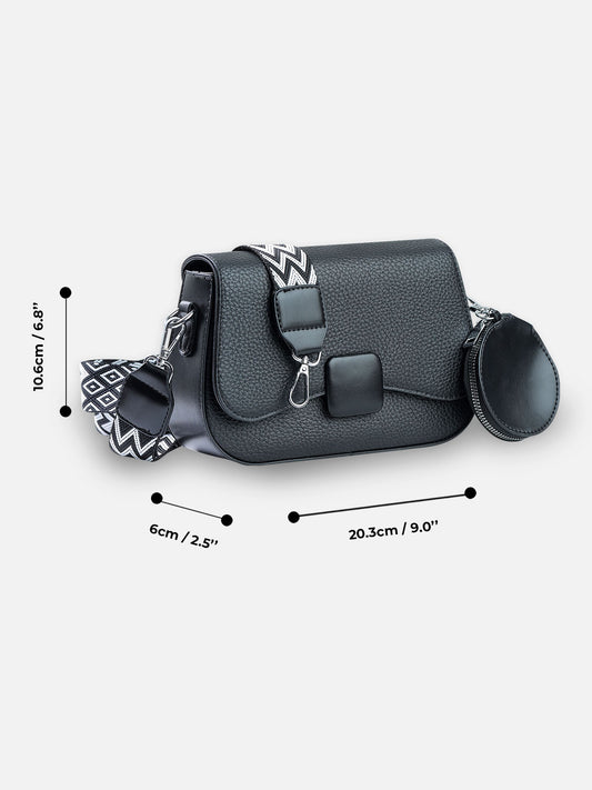 Midnight Black Square-Lock Crossbody Bag with Chevron Strap & Coin Pouch