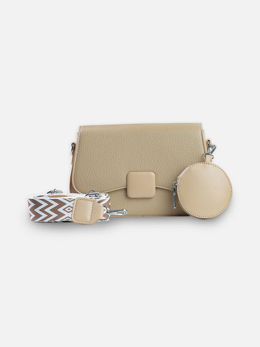 Sandstone Beige Square-Lock Crossbody Bag with Coin Pouch