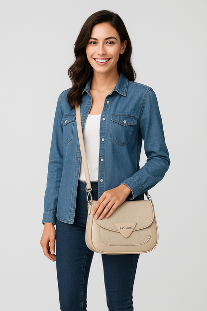 Classic Beige Textured Flap Shoulder Bag