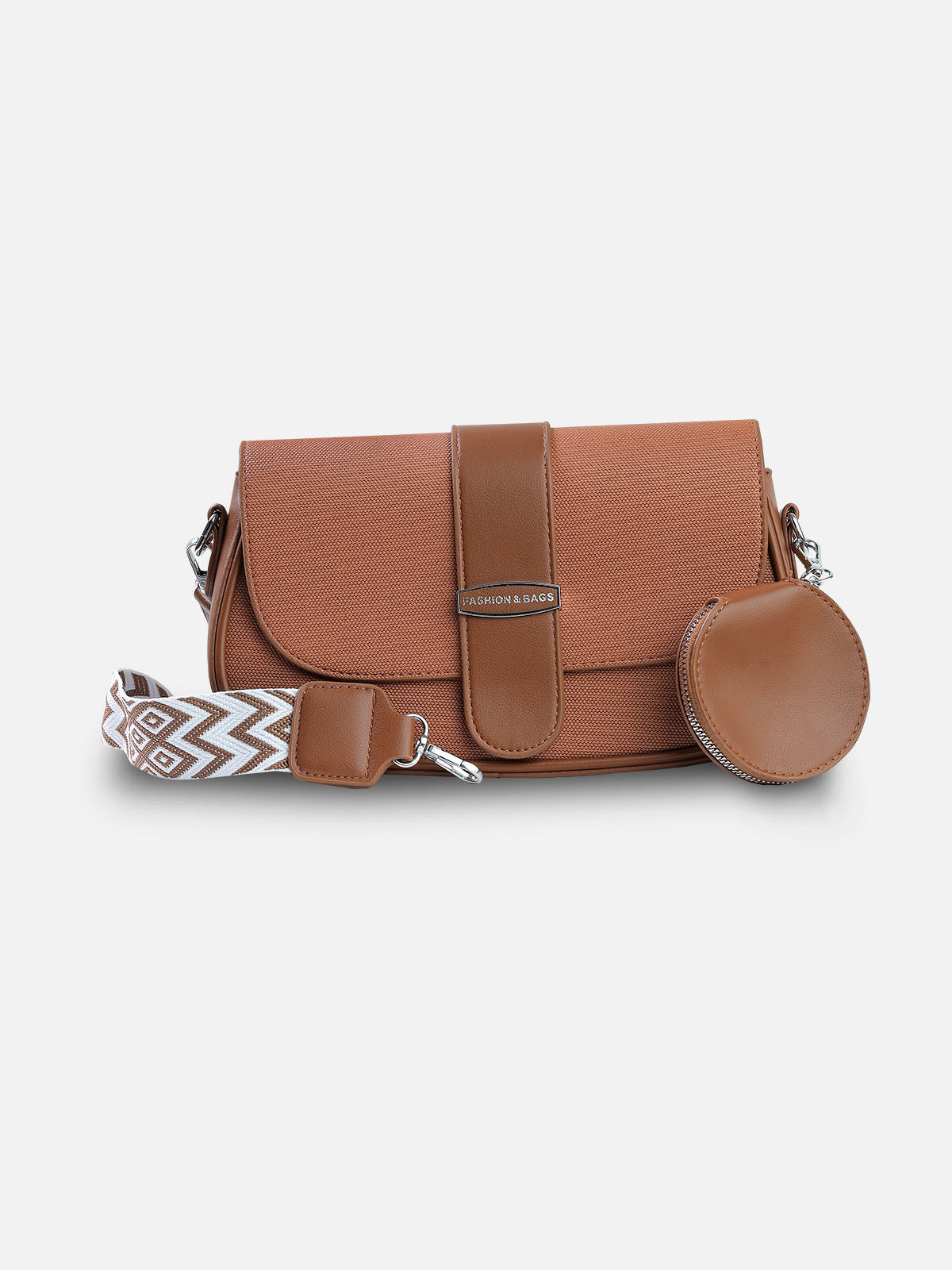 Classic Brown Crossbody Bag with Coin Pouch & Patterned Strap