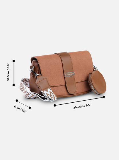 Classic Brown Crossbody Bag with Coin Pouch & Patterned Strap