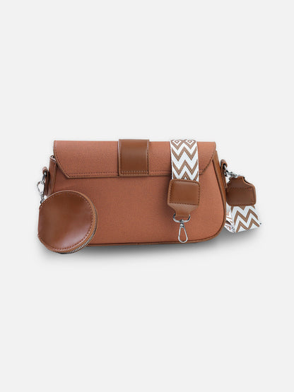 Classic Brown Crossbody Bag with Coin Pouch & Patterned Strap