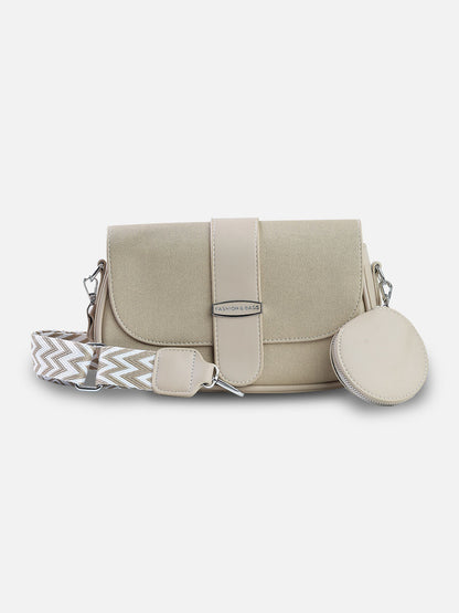 Beige Crossbody Bag with Matching Coin Pouch & Chevron Strap