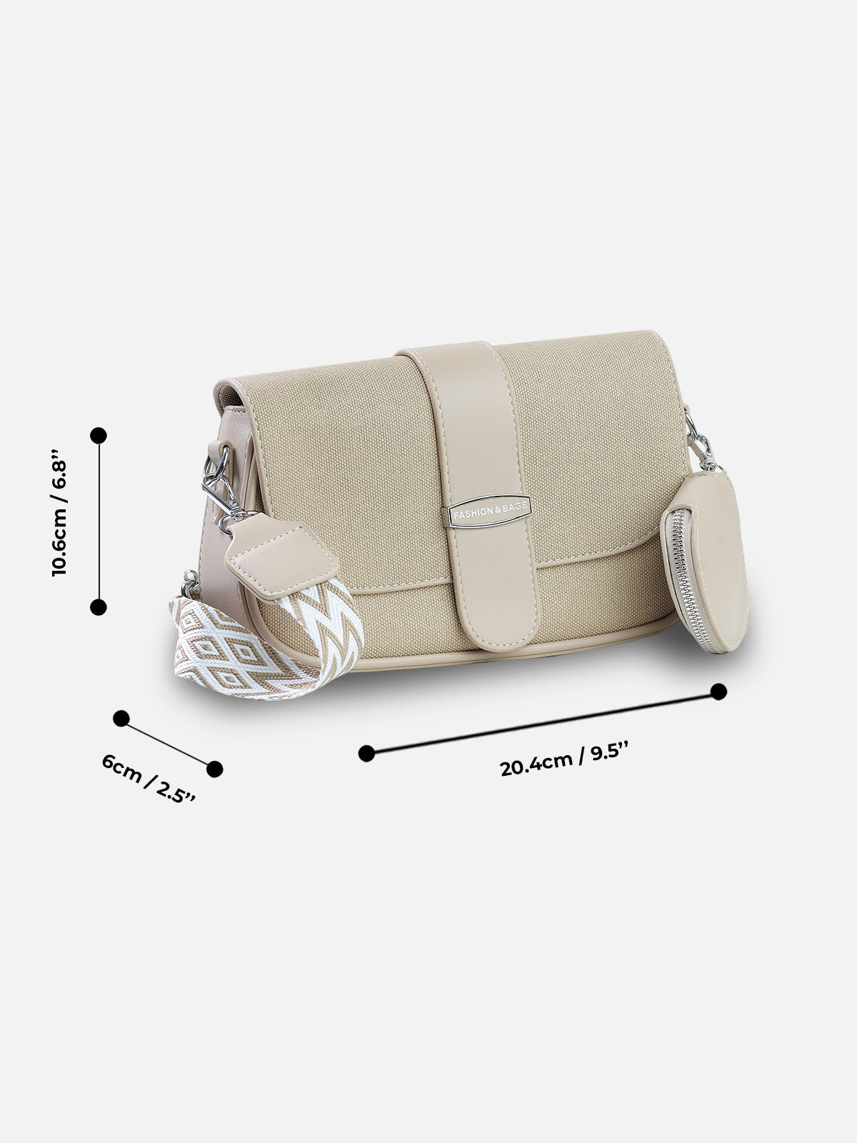 Beige Crossbody Bag with Matching Coin Pouch & Chevron Strap