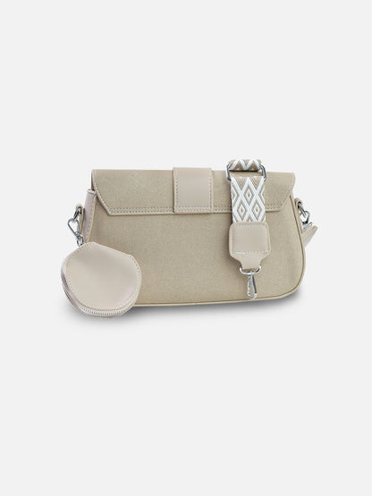 Beige Crossbody Bag with Matching Coin Pouch & Chevron Strap