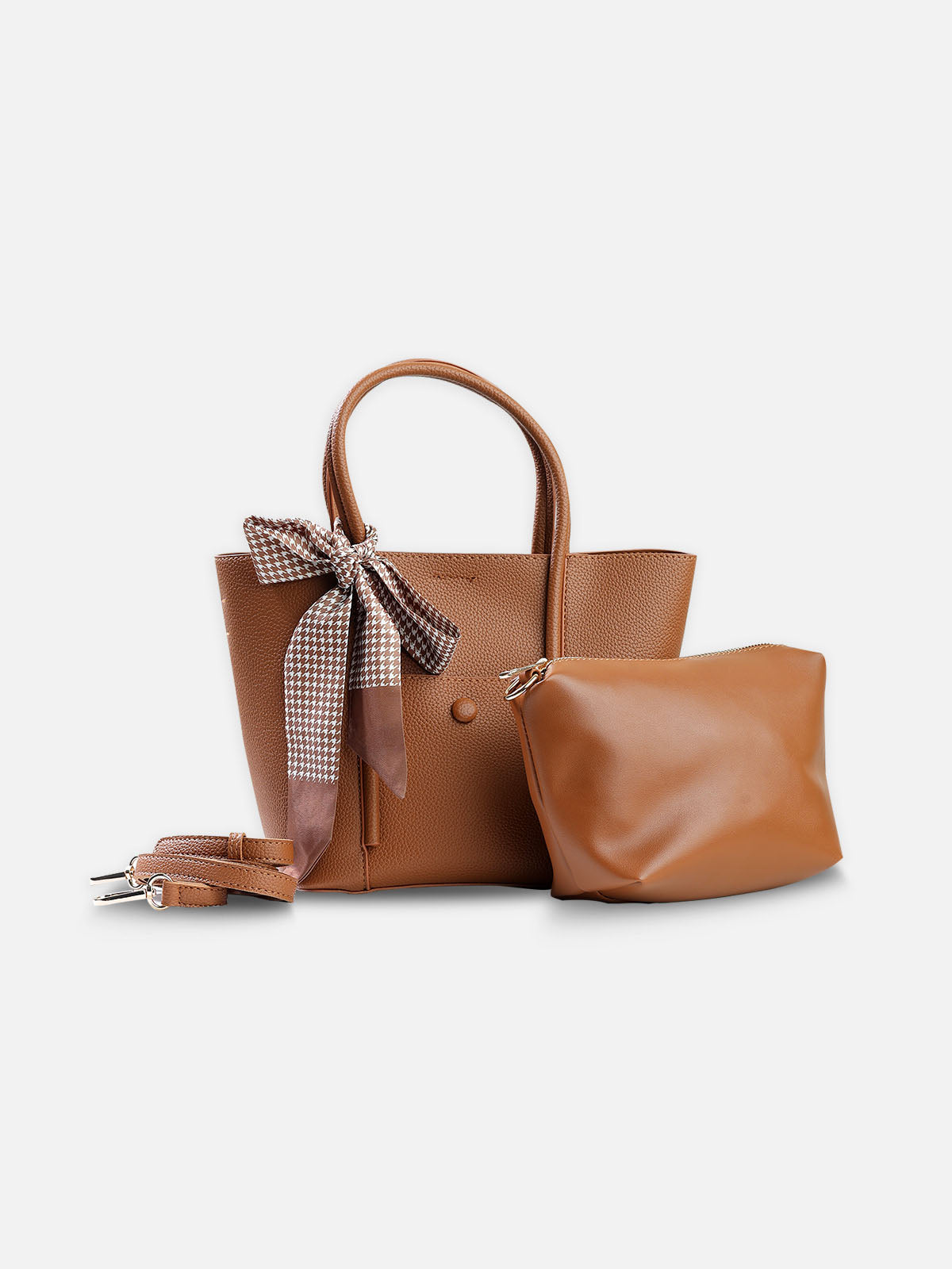2-Piece Mini Tote Bag Set with Scarf – Caramel Brown