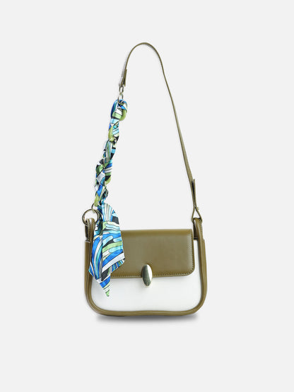 Two-Tone Shoulder Bag with Decorative Scarf – Olive & Cream