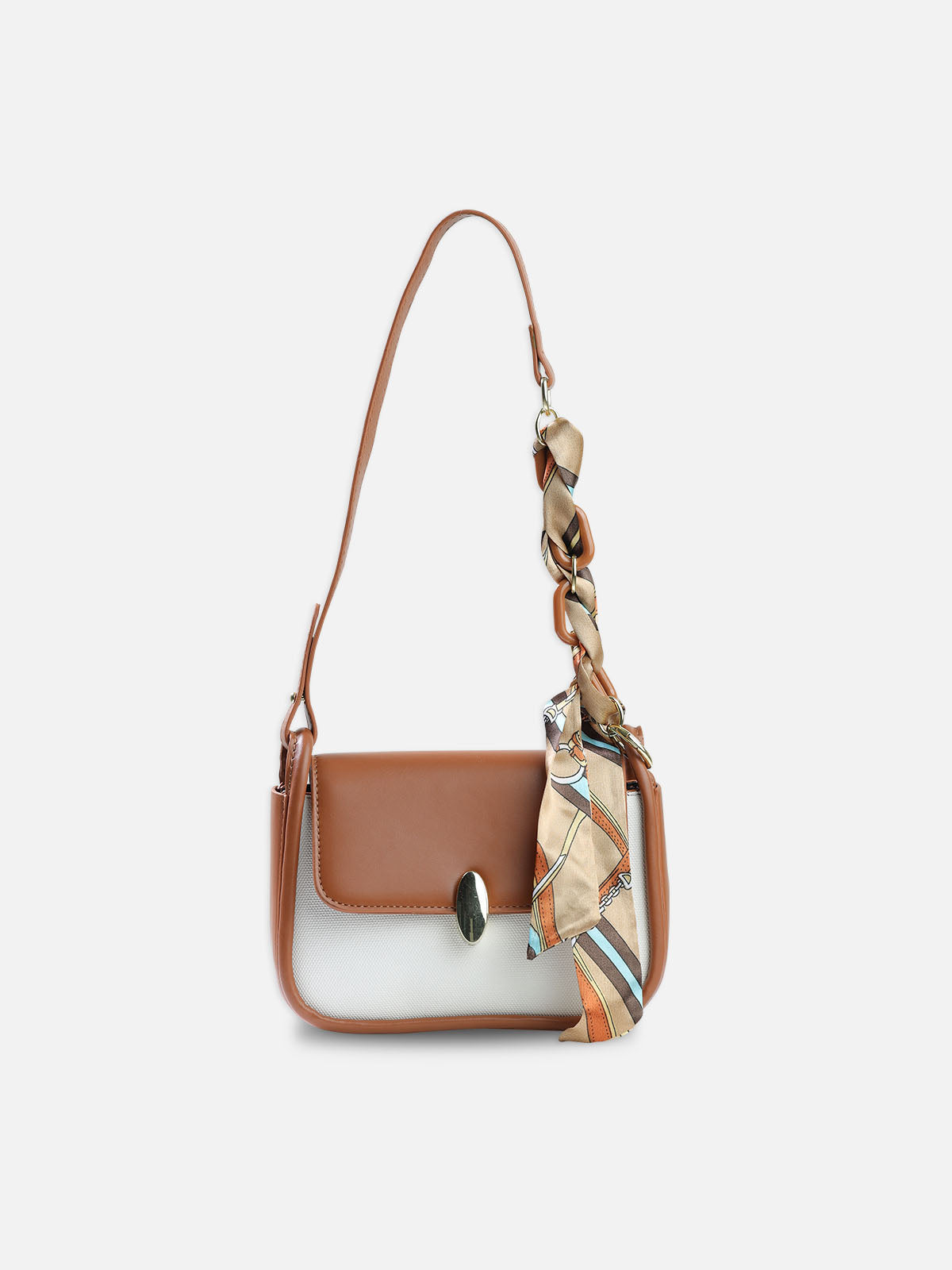 Two-Tone Shoulder Bag with Decorative Scarf – Tan & Cream