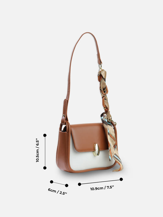 Two-Tone Shoulder Bag with Decorative Scarf – Tan & Cream