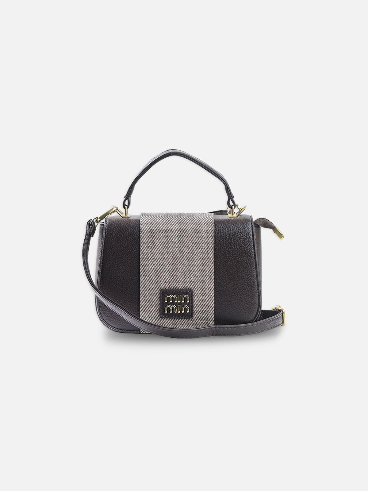 Charcoal & Taupe Mini Crossbody Bag – Elegant Dual-Tone with Gold Detail