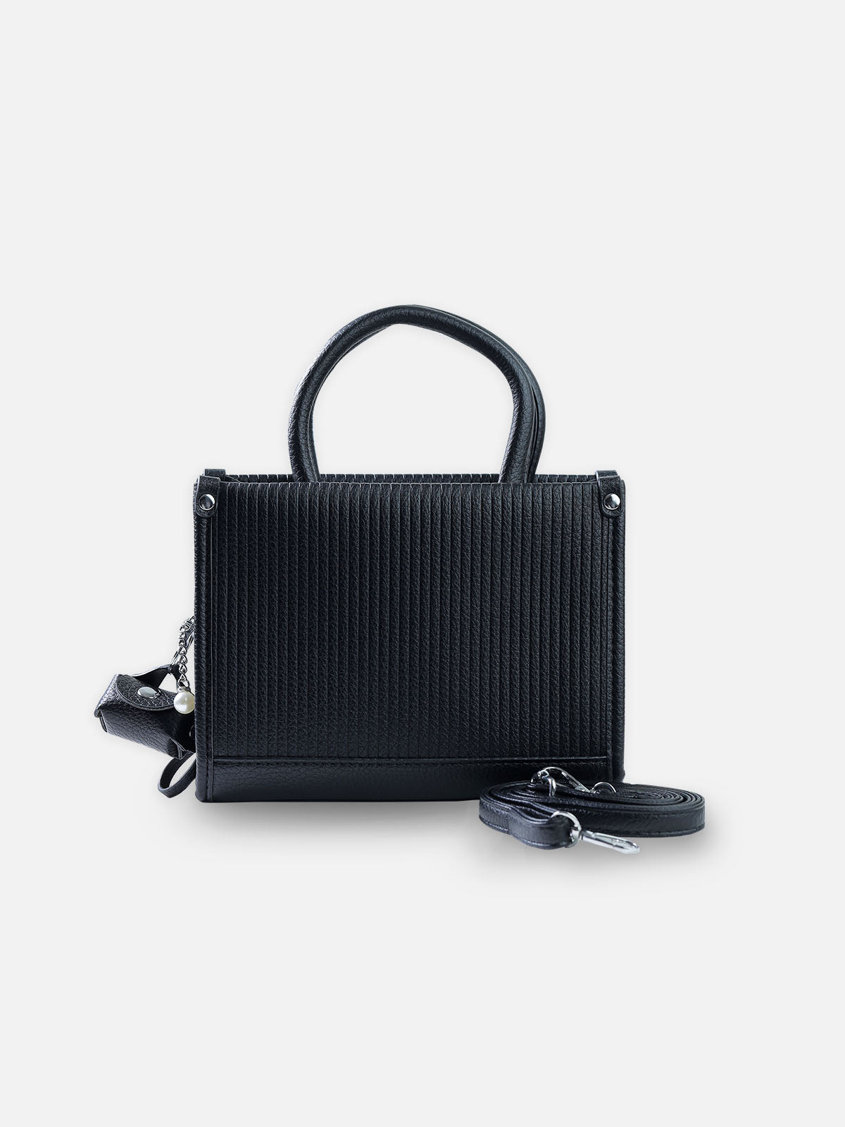 Elegance Noir – Premium Textured Leather Handbag with Charm & Strap