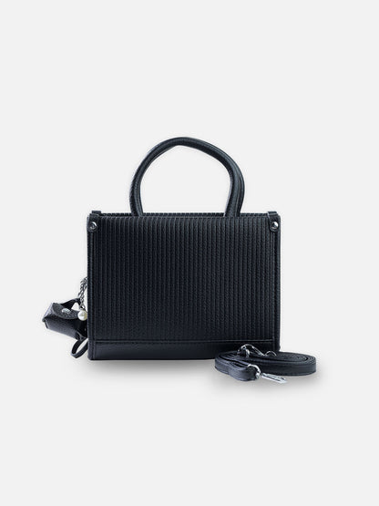 Elegance Noir – Premium Textured Leather Handbag with Charm & Strap