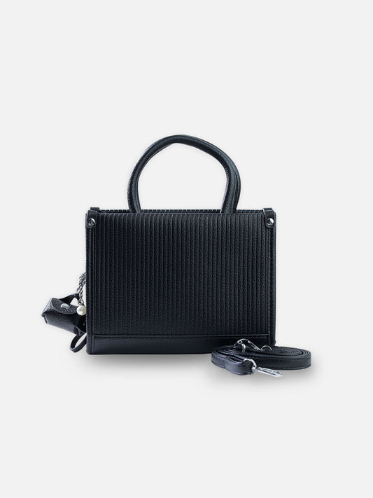 Elegance Noir – Premium Textured Leather Handbag with Charm & Strap
